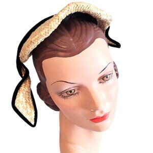 Unusual 1950s Vintage Tan Straw Small Hat With Wings and Black Velvet Trim